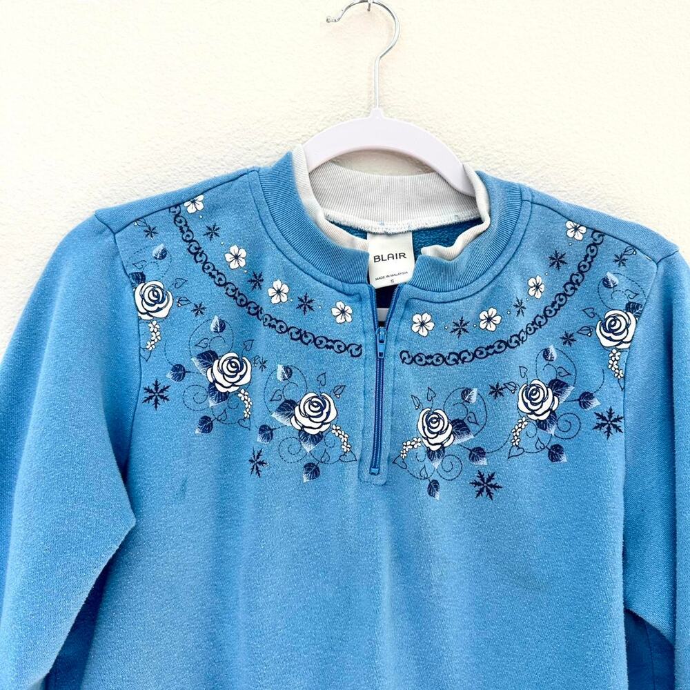 Blue Blair Embroidered Rose Quarter Zip Sweatshirt